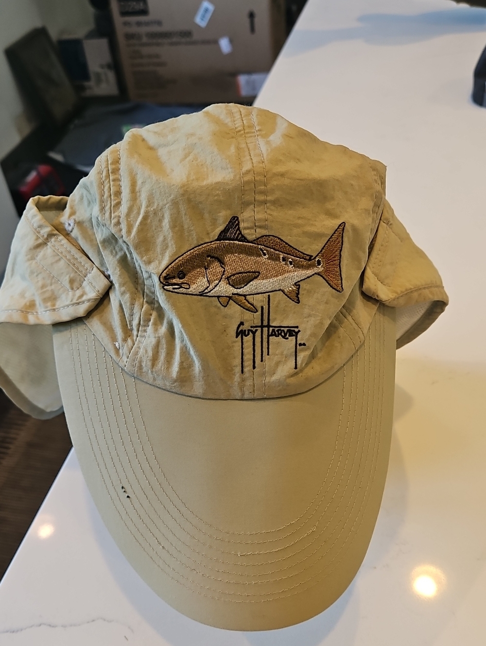 Guy Harvey Redfish Fishing Hat with Embroidered Fish Graphic - Tan